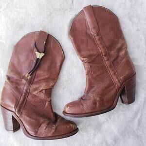 Frye Vintage Brown Leather Distressed Cowgirl Heeled Boots